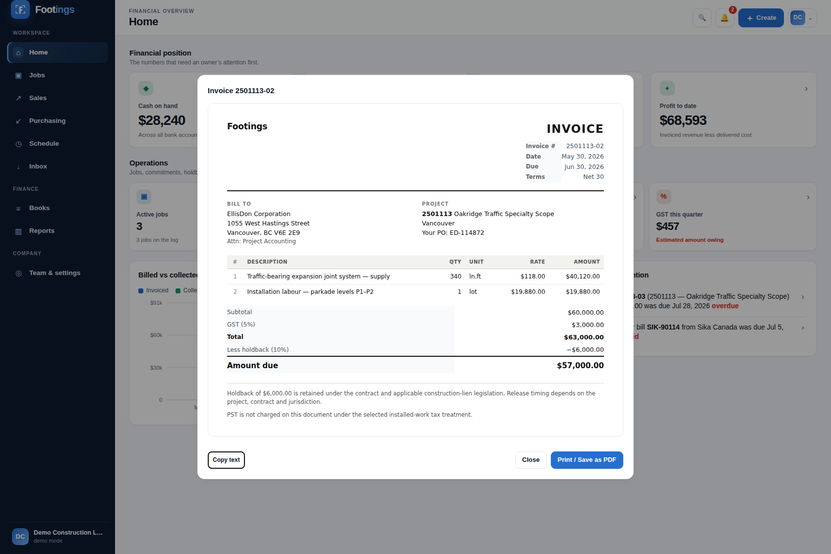 A printable Footings invoice with letterhead, line items, GST and holdback deducted